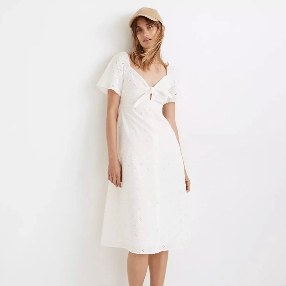 Madewell White Eyelet Tie-Front Midi Dress